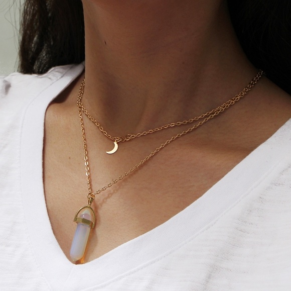 Natural Stone Crystal Layered Gold Necklace Choker - Picture 2 of 6